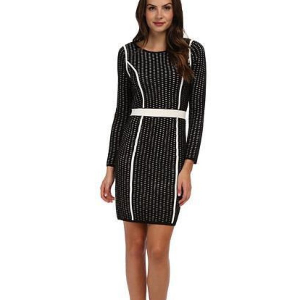 CALVIN KLEIN MS SZ MEDIUM BLACK& IVORY TEXTURED MESH LONG SLEEVE SWEATER DRESS